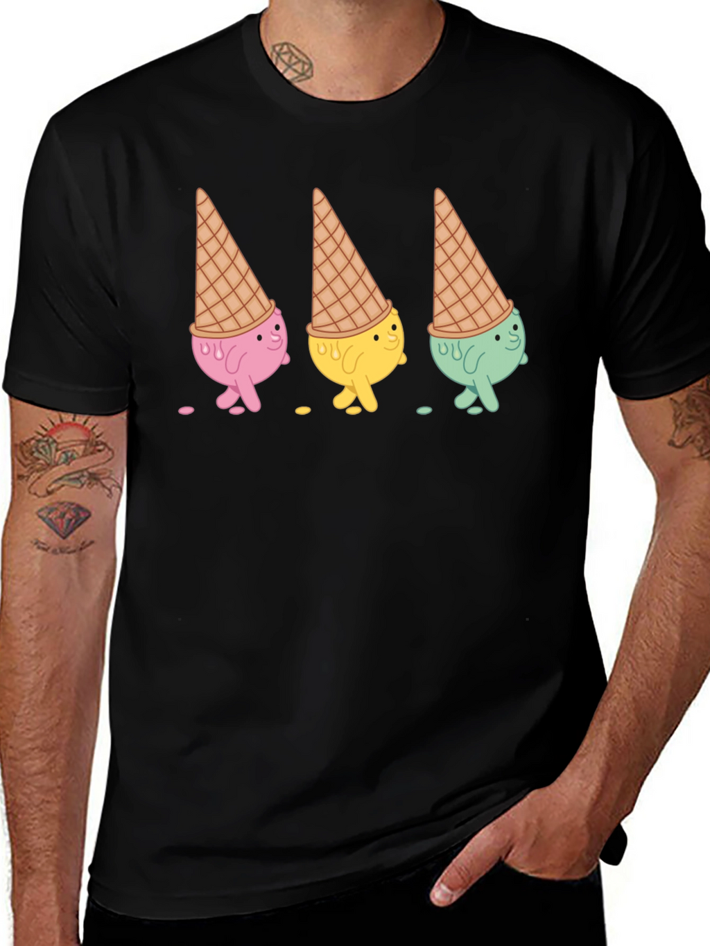 Ice Cream Cone Character Black T-Shirt