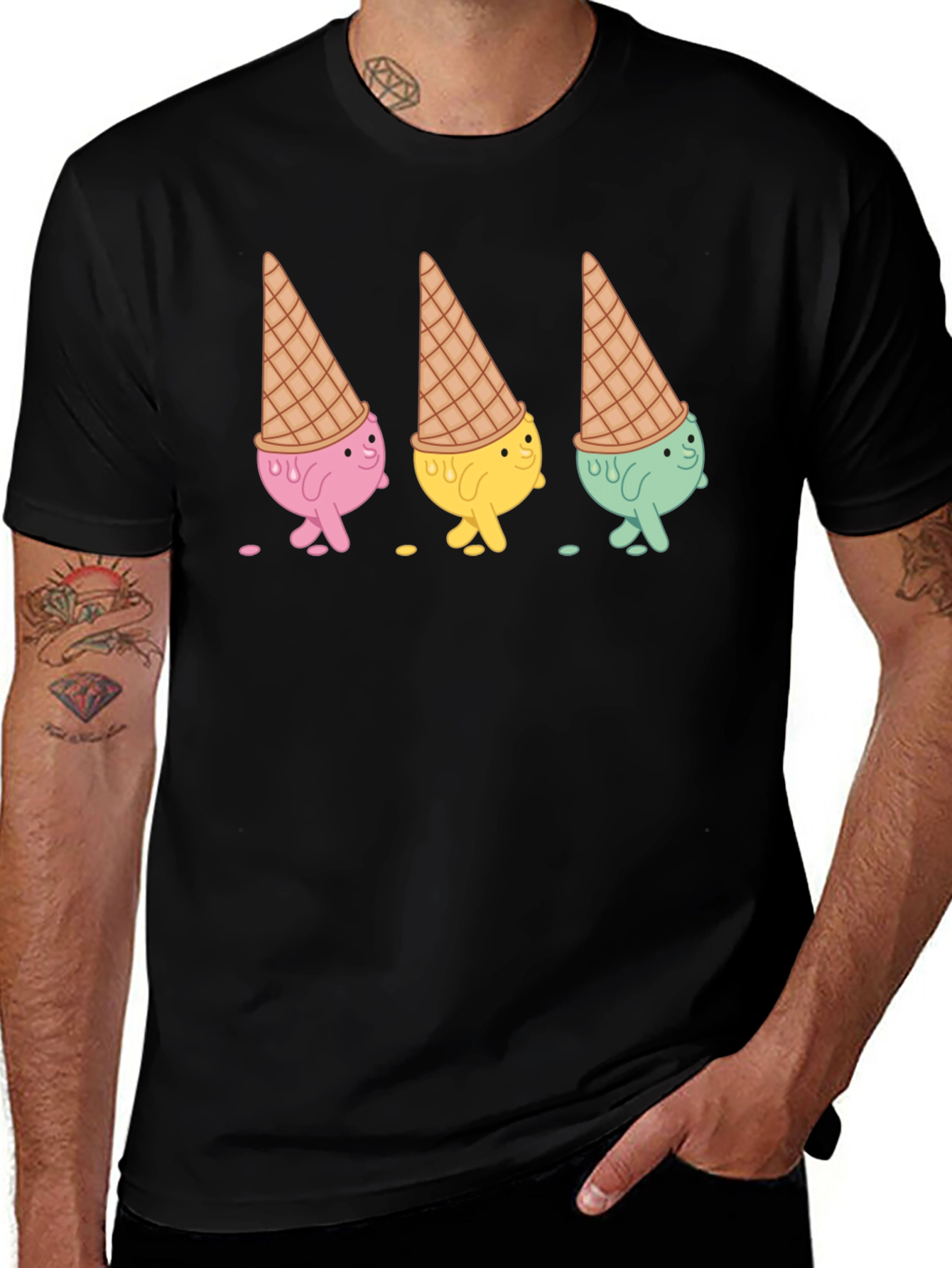 Ice Cream Cone Character Black T-Shirt