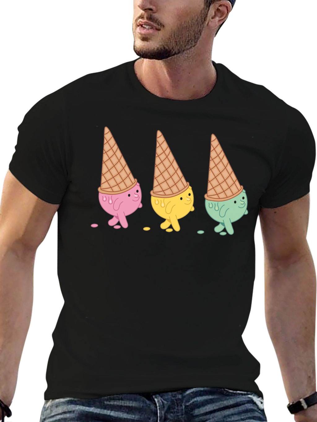 Ice Cream Cone Character Black T-Shirt