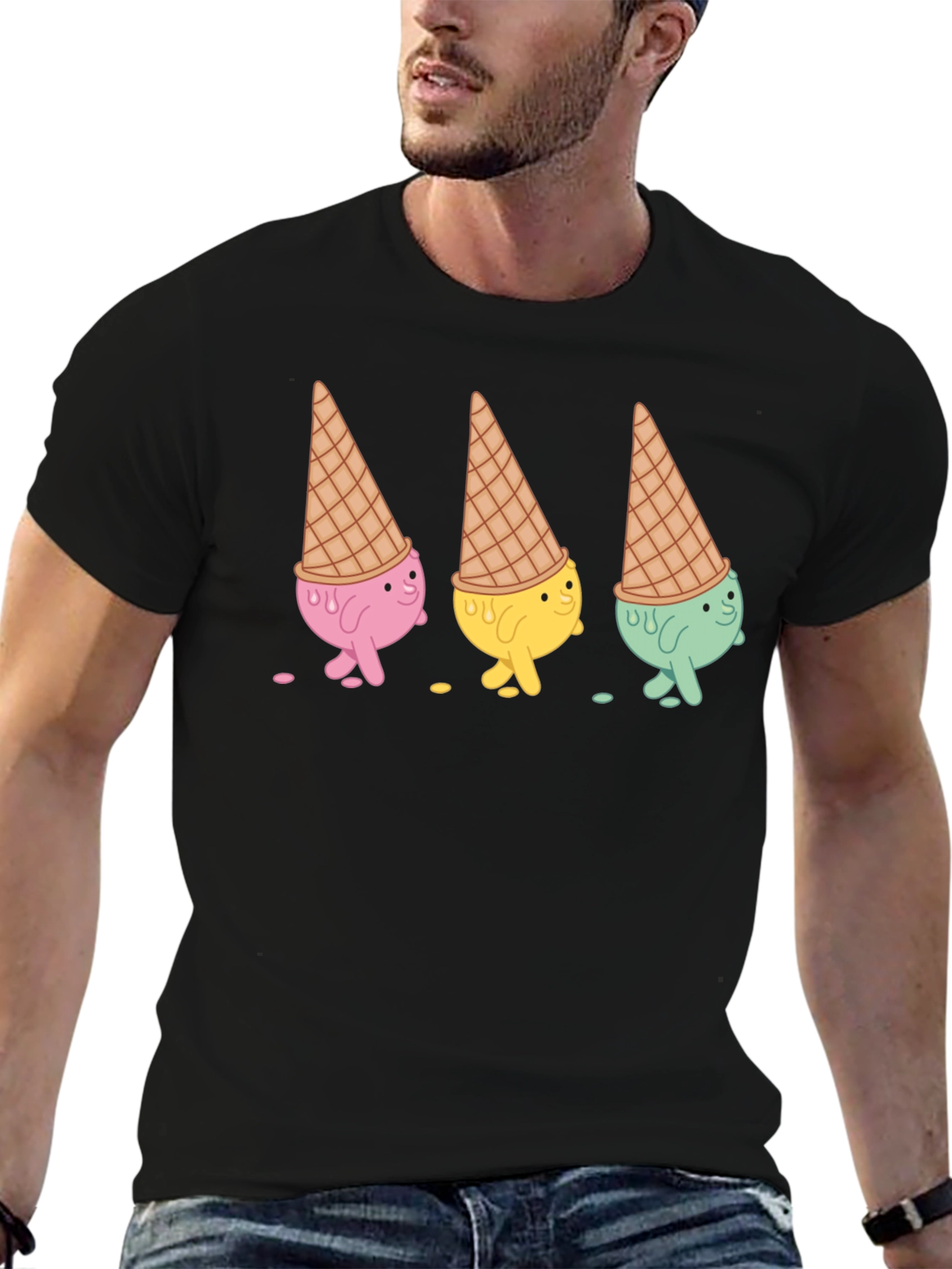 Ice Cream Cone Character Black T-Shirt