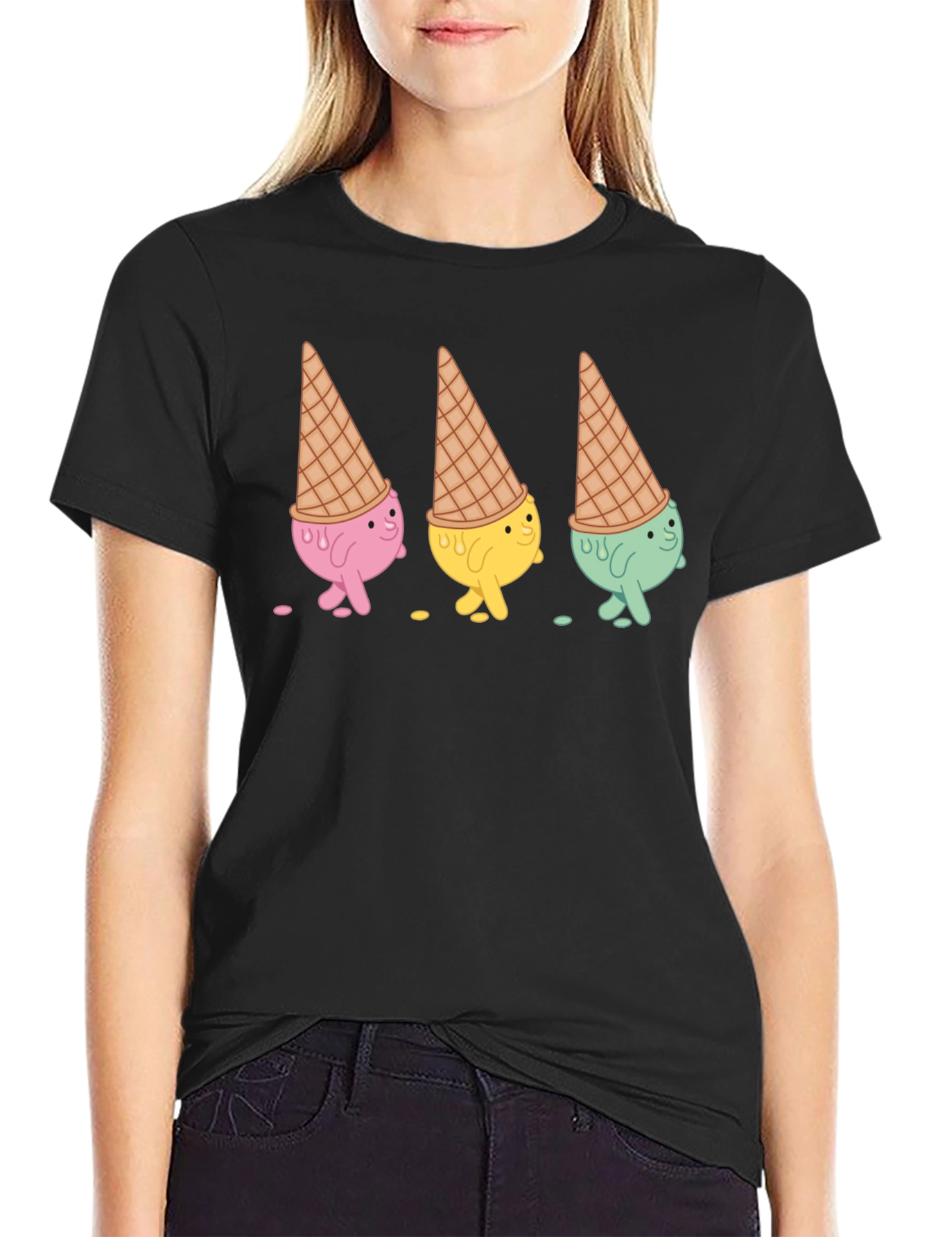 Ice Cream Cone Character Black T-Shirt