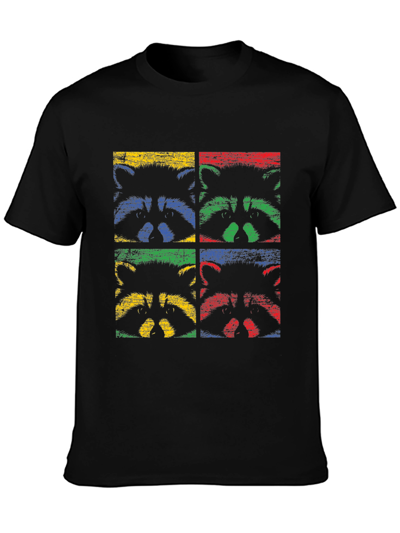 Retro Raccoon Pop Art Graphic Tee - Black Cotton T-Shirt