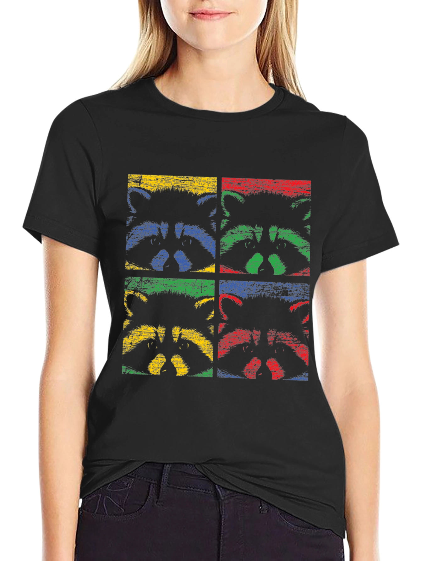 Retro Raccoon Pop Art Graphic Tee - Black Cotton T-Shirt