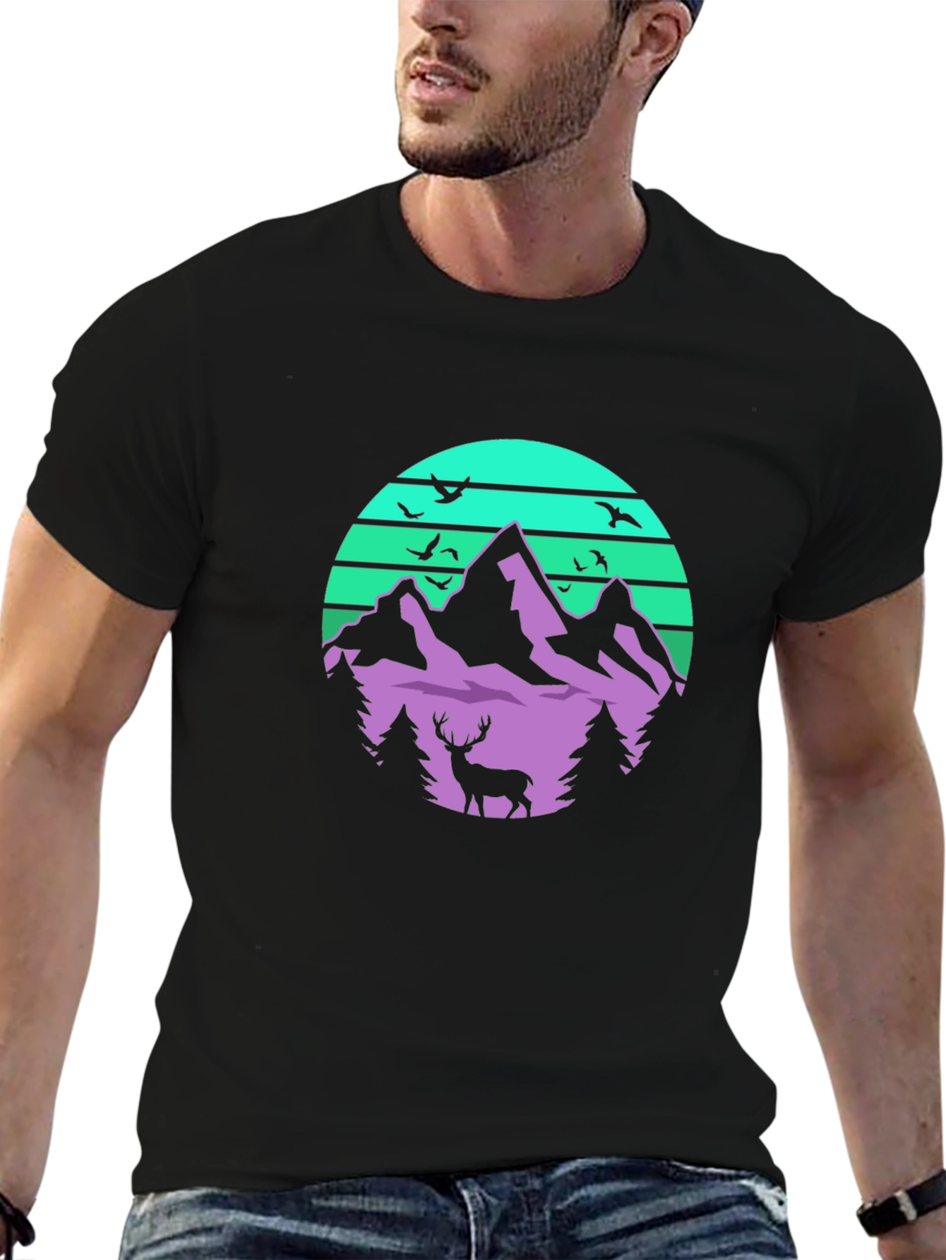 Mountain Deer Graphic Tee - Retro Style