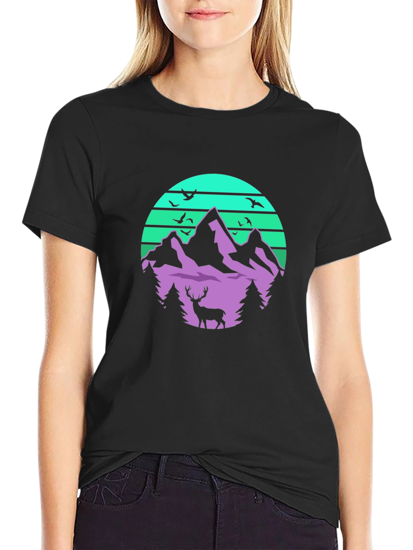 Mountain Deer Graphic Tee - Retro Style