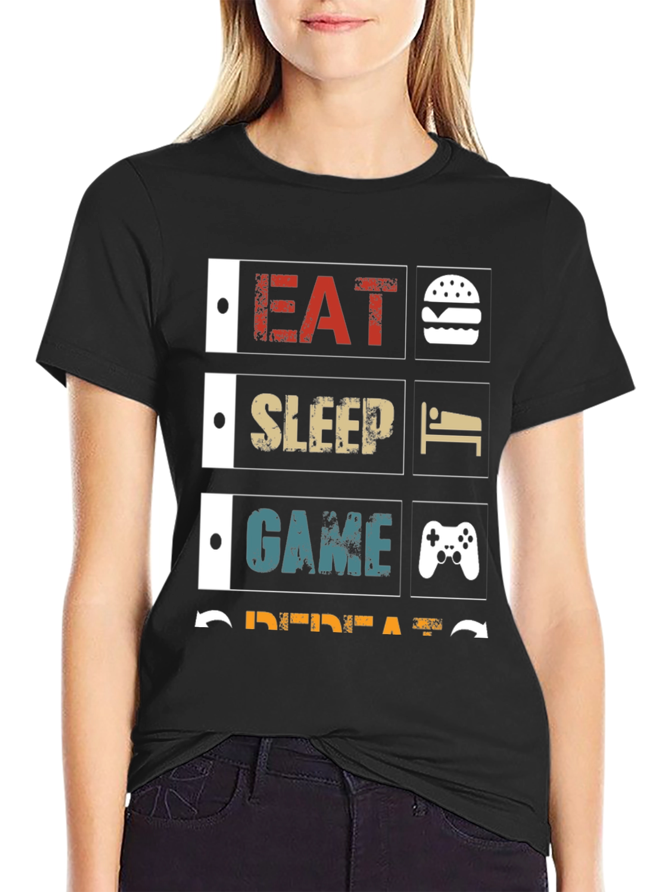 Eat Sleep Game Repeat Black Graphic Tee