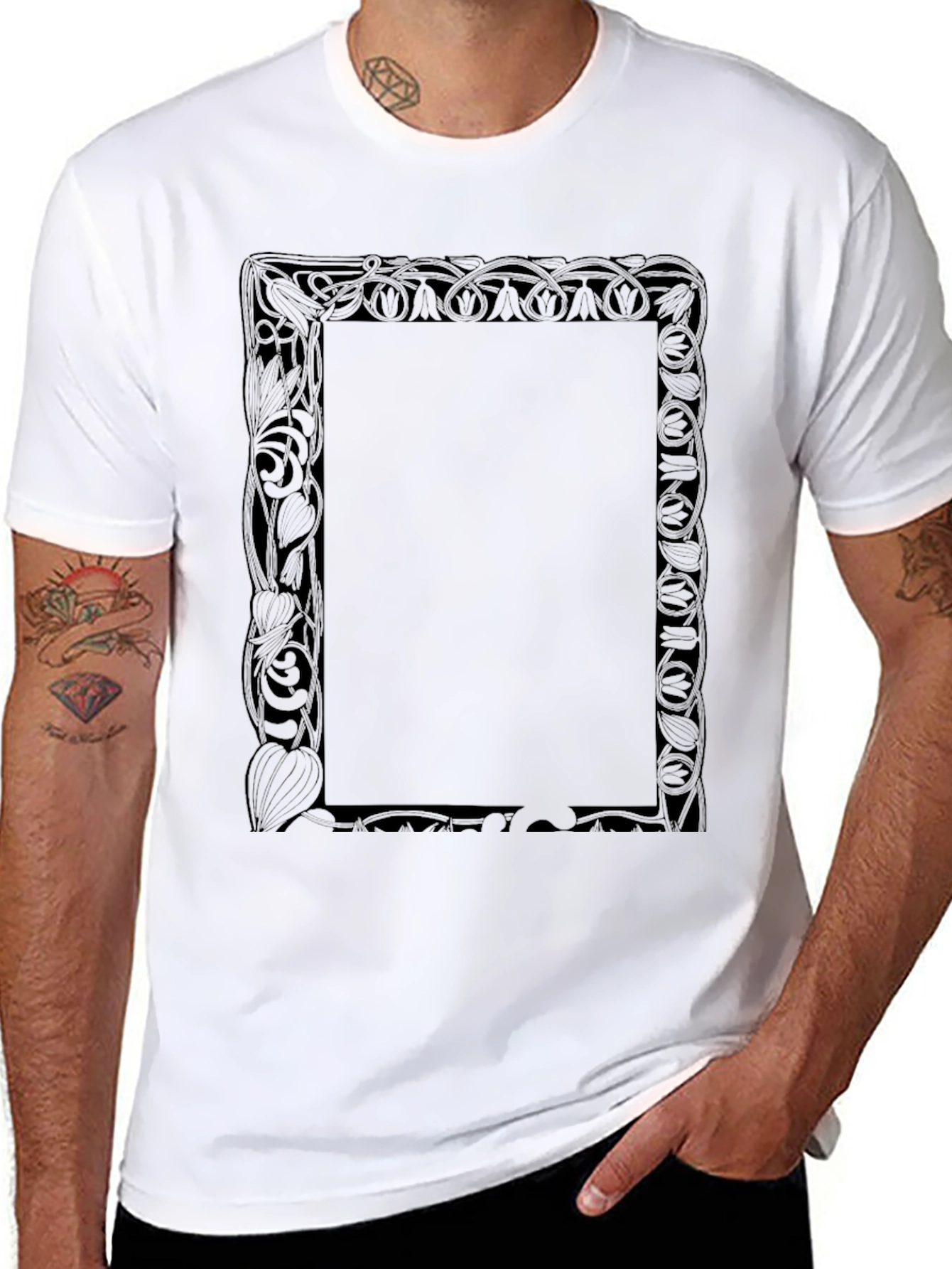 Black Graphic Tee with Decorative Frame