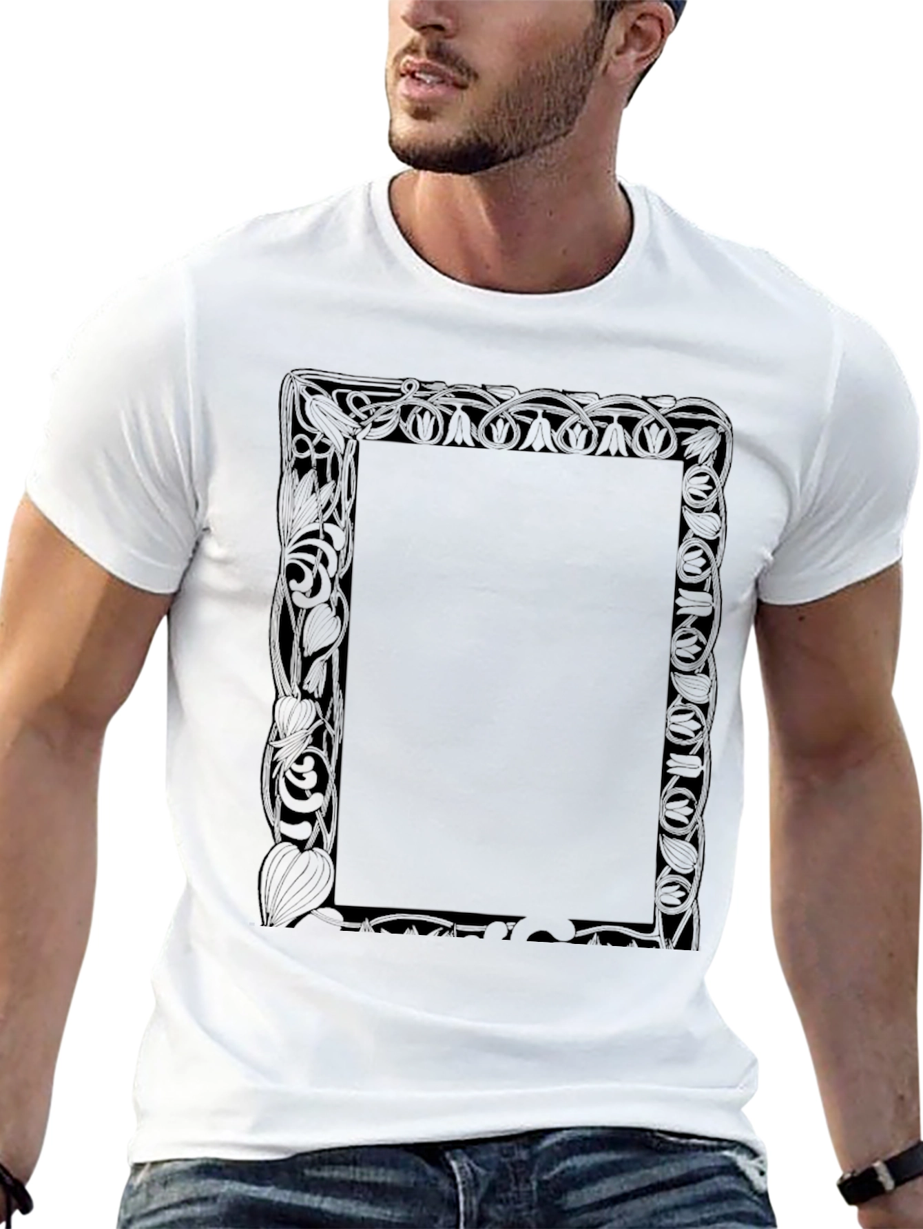 Black Graphic Tee with Decorative Frame