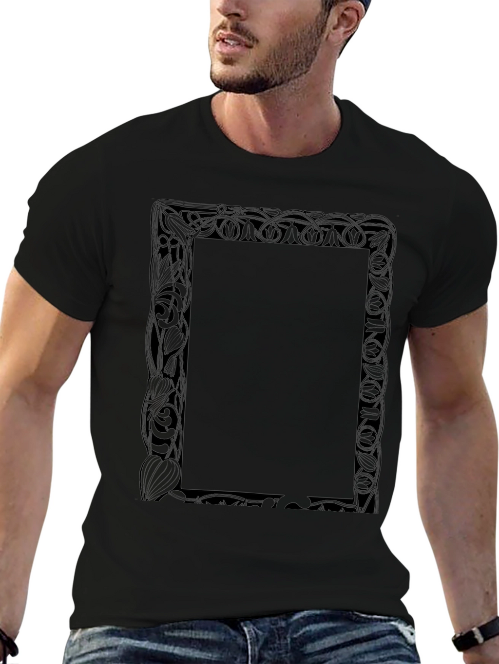 Black Graphic Tee with Decorative Frame