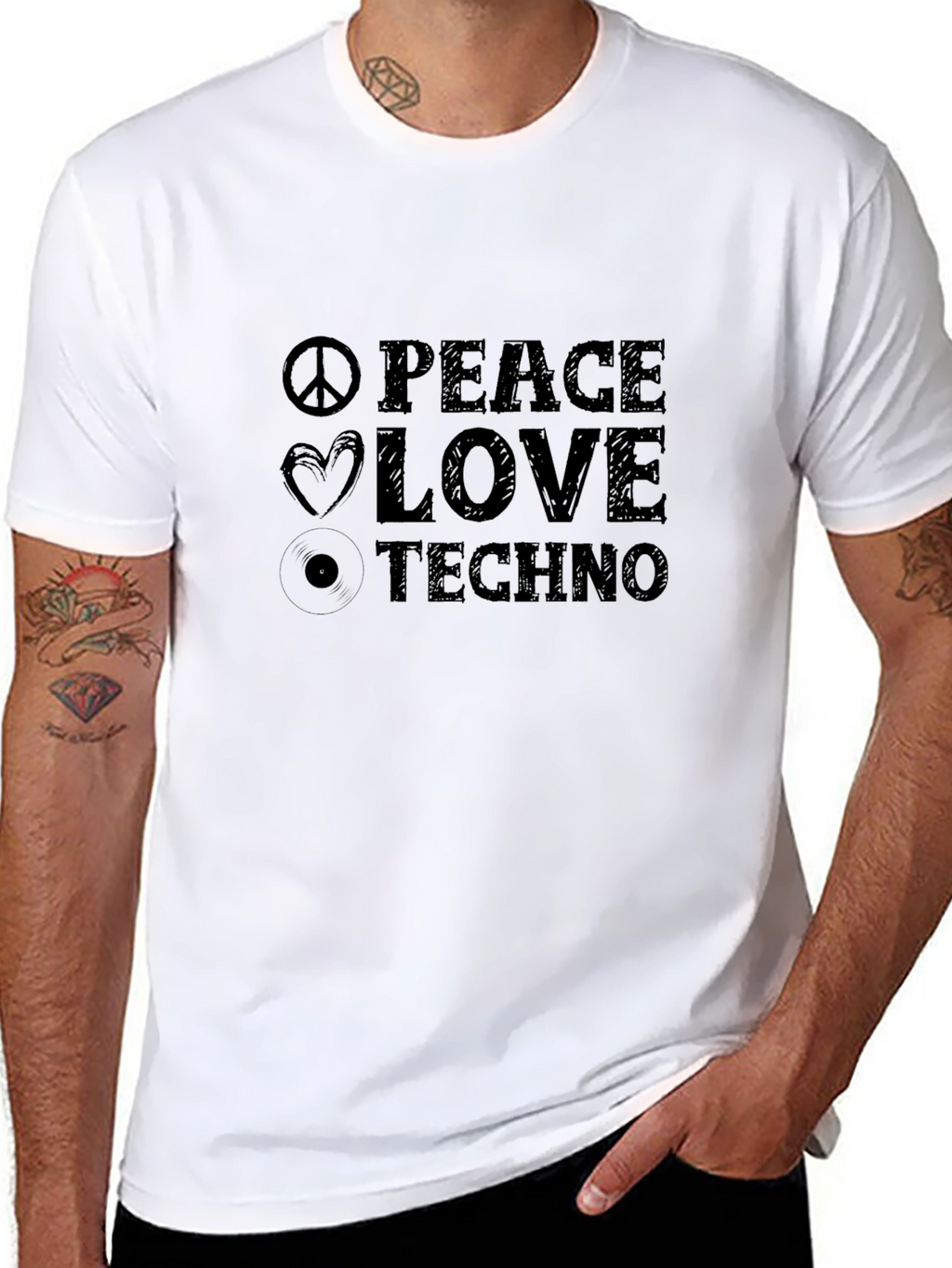 Peace Love Techno Black Graphic T-Shirt