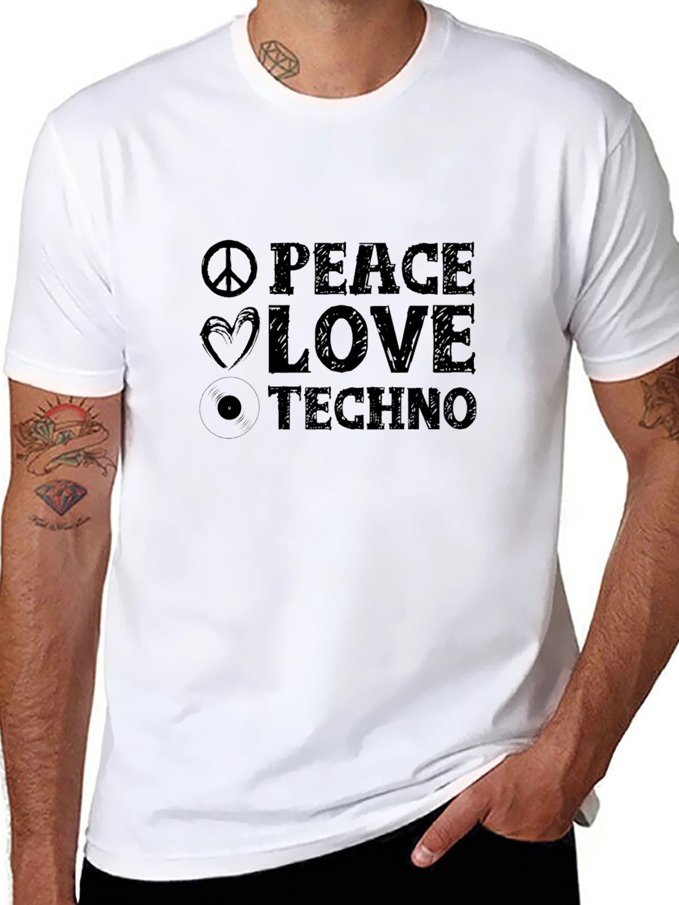 Peace Love Techno Black Graphic T-Shirt
