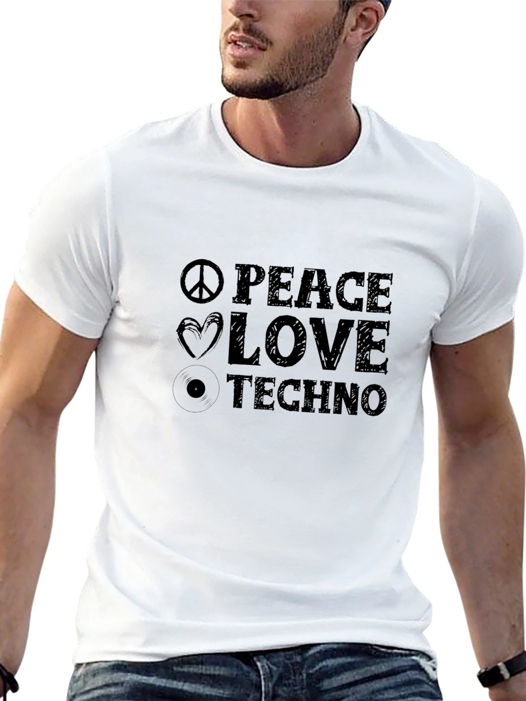 Peace Love Techno Black Graphic T-Shirt