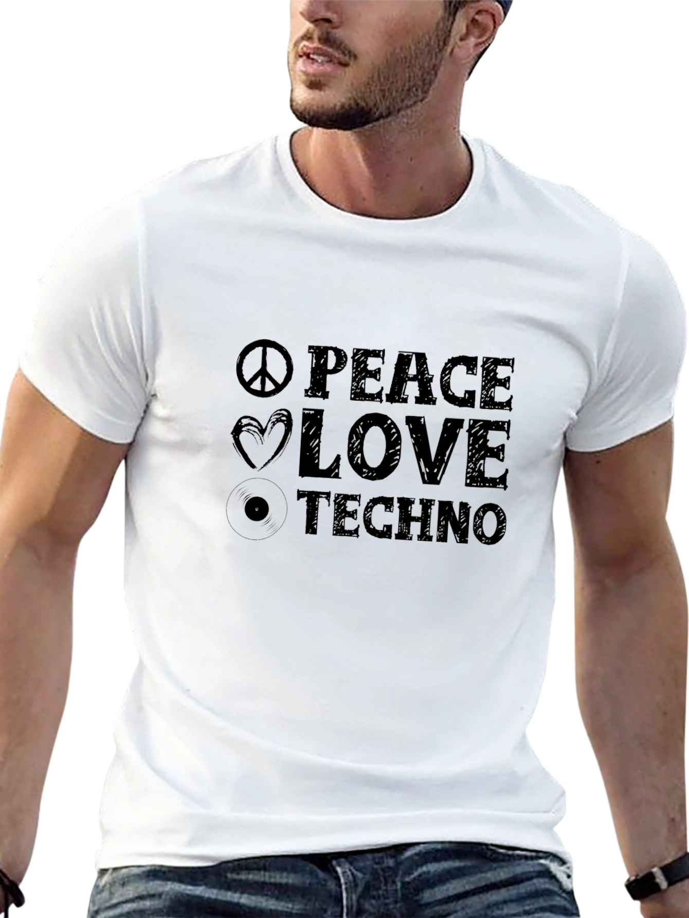Peace Love Techno Black Graphic T-Shirt