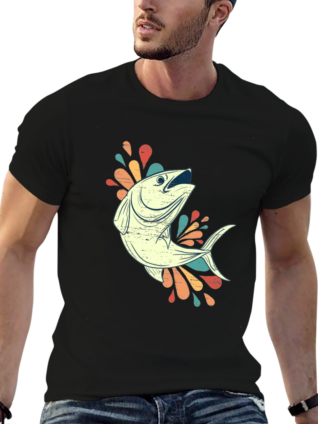 Retro Fishing Tee - Black Cotton Blend