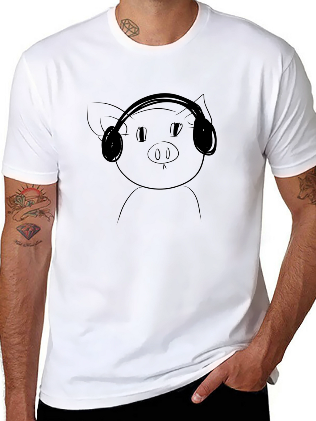 Pig with Headphones Black T-Shirt