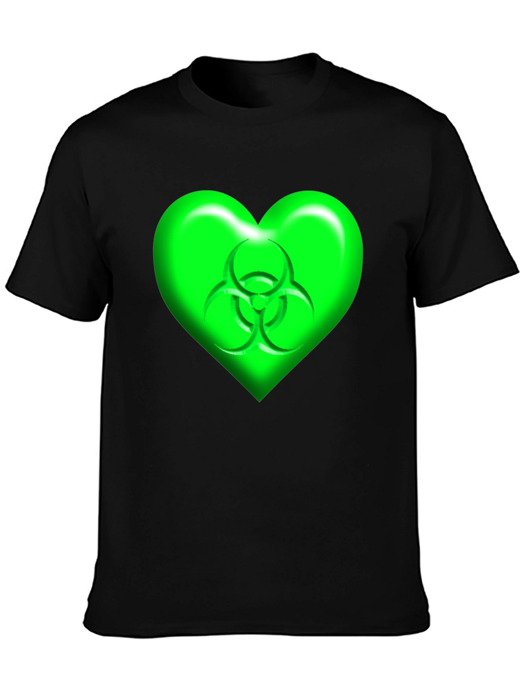Green Biohazard Heart Graphic Black T-Shirt