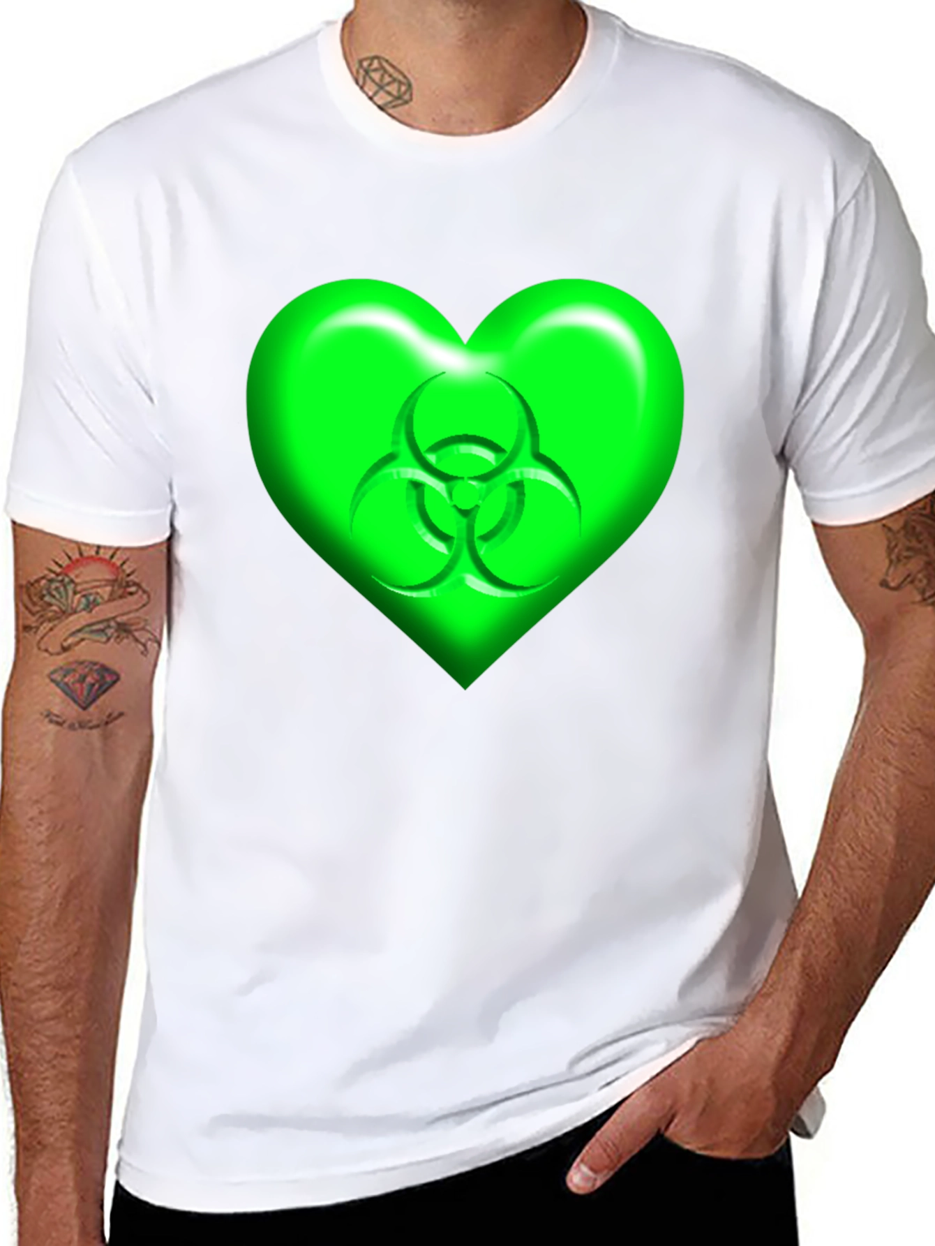 Green Biohazard Heart Graphic Black T-Shirt