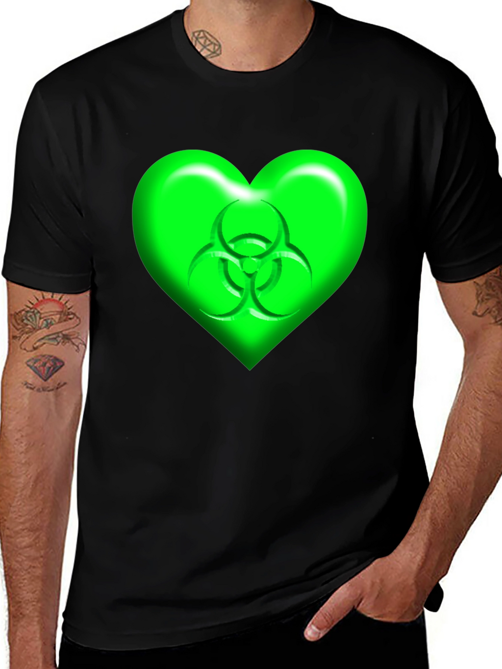 Green Biohazard Heart Graphic Black T-Shirt