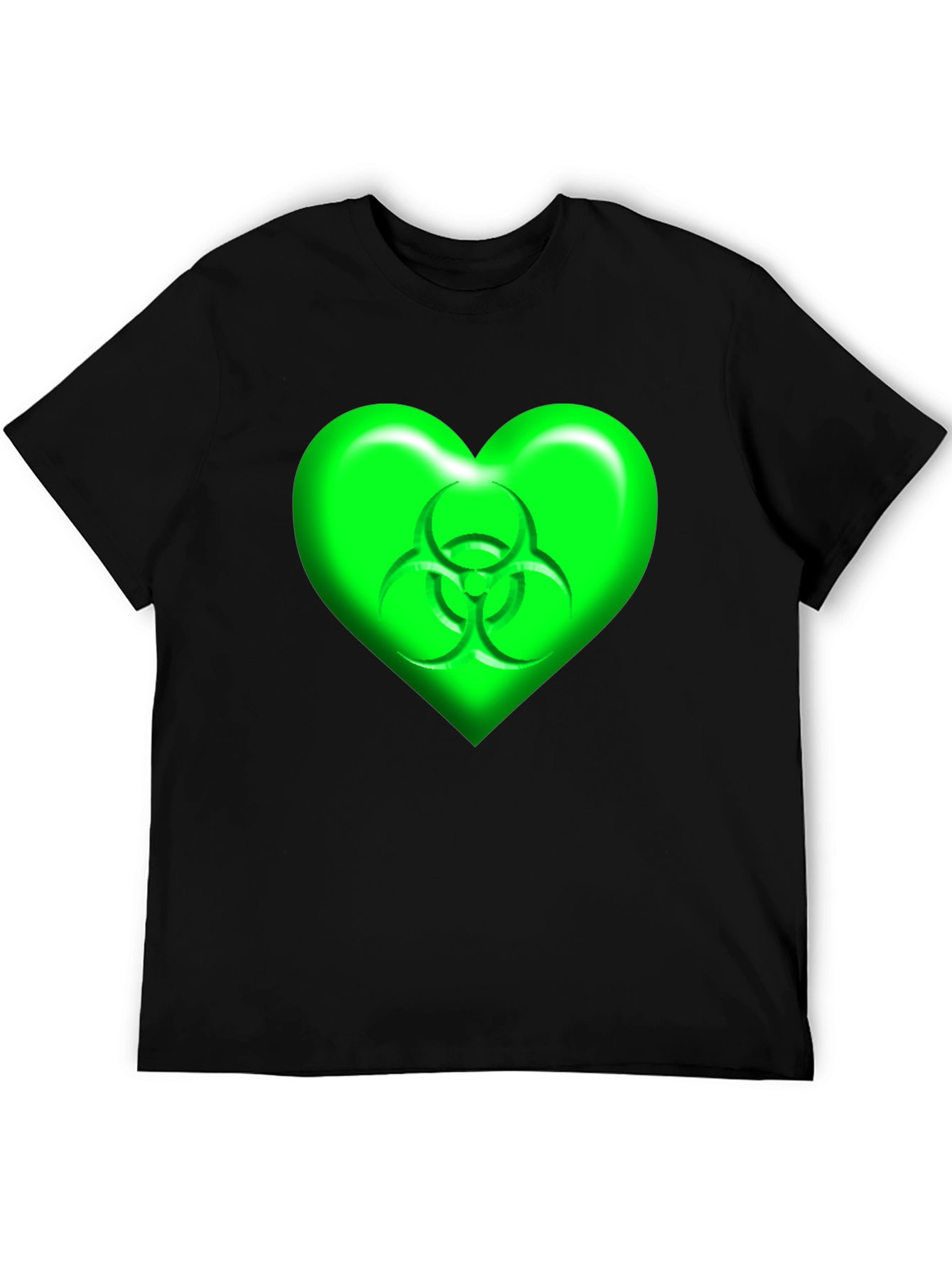 Green Biohazard Heart Graphic Black T-Shirt