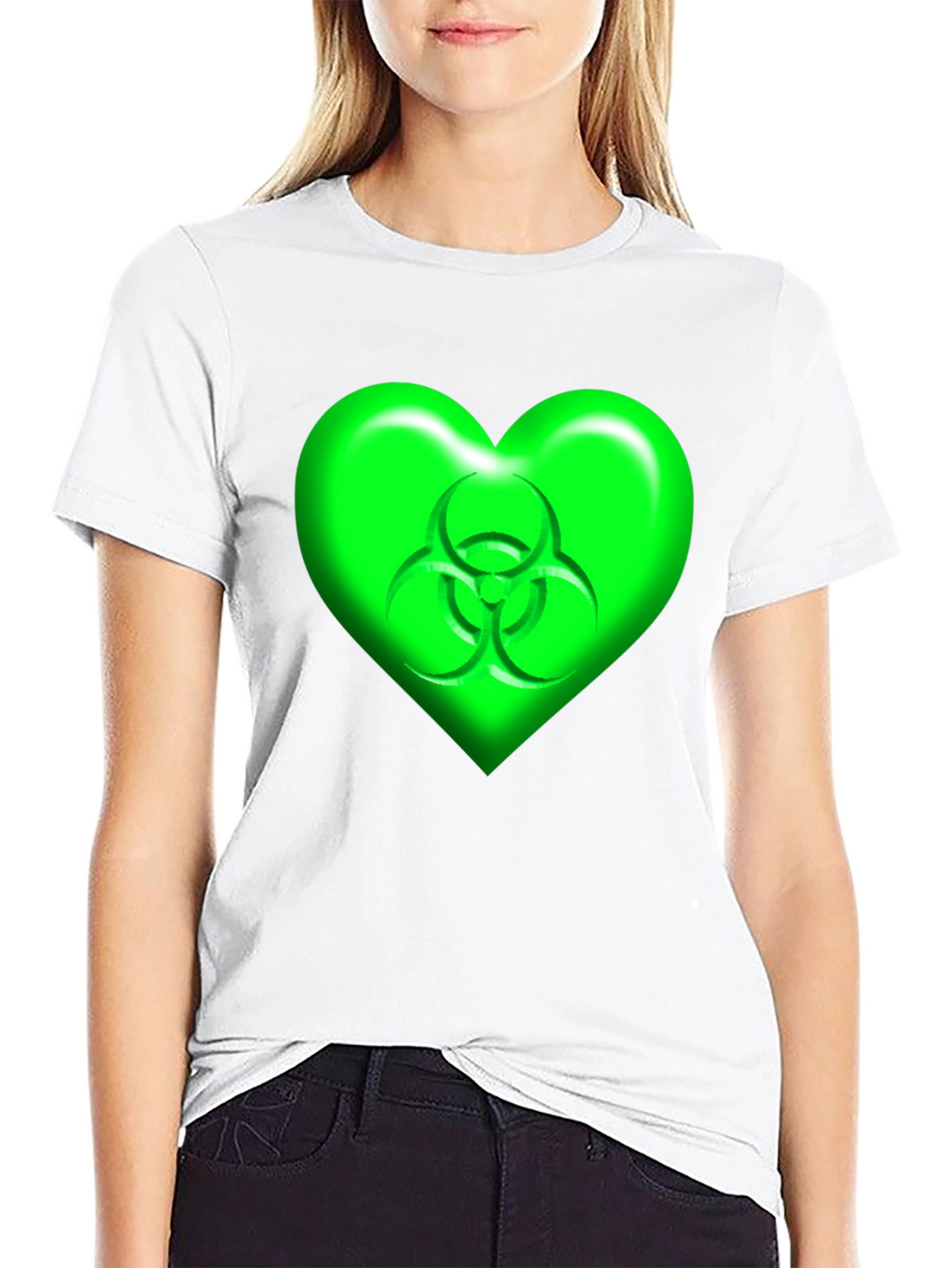 Green Biohazard Heart Graphic Black T-Shirt