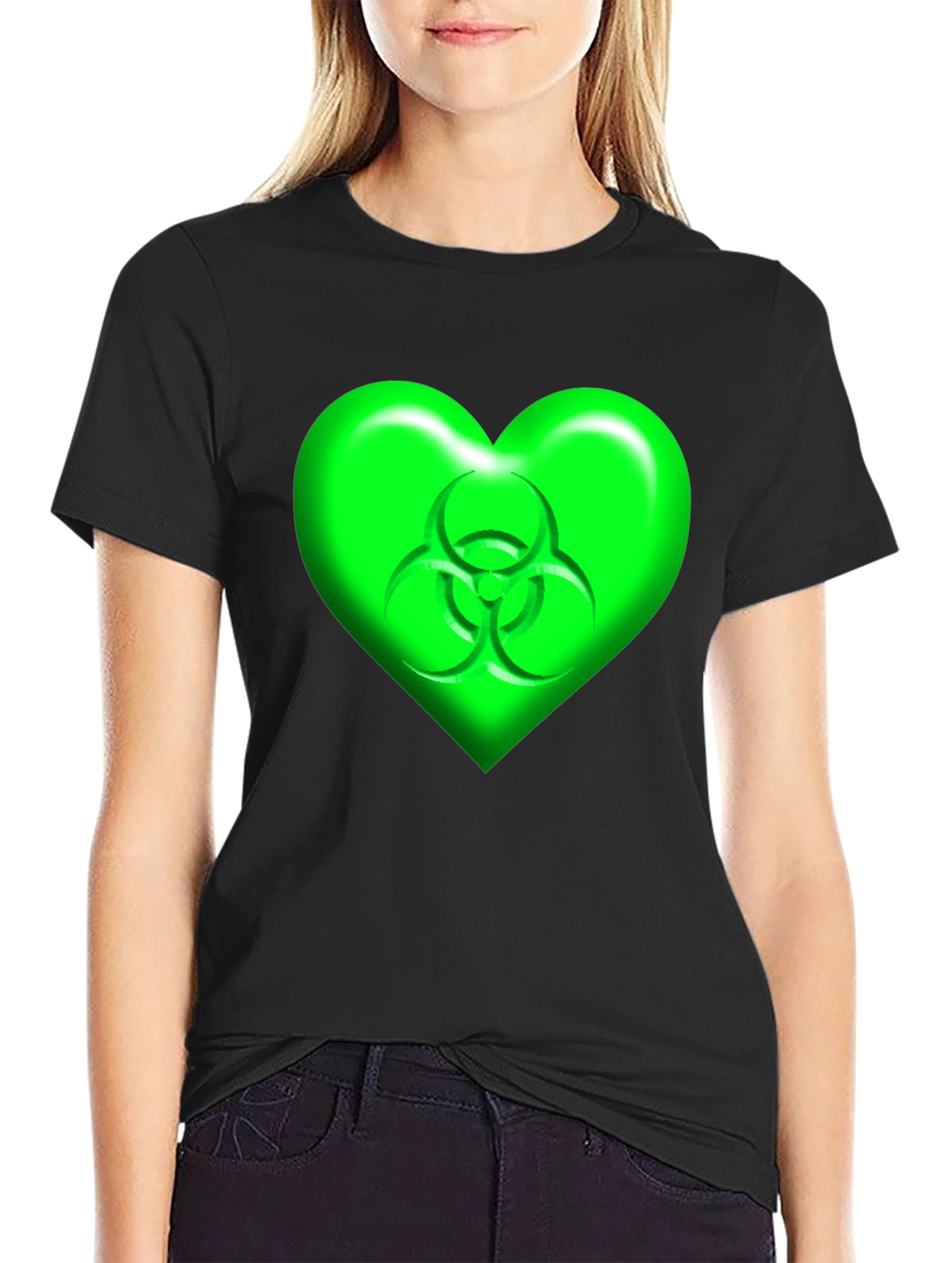 Green Biohazard Heart Graphic Black T-Shirt