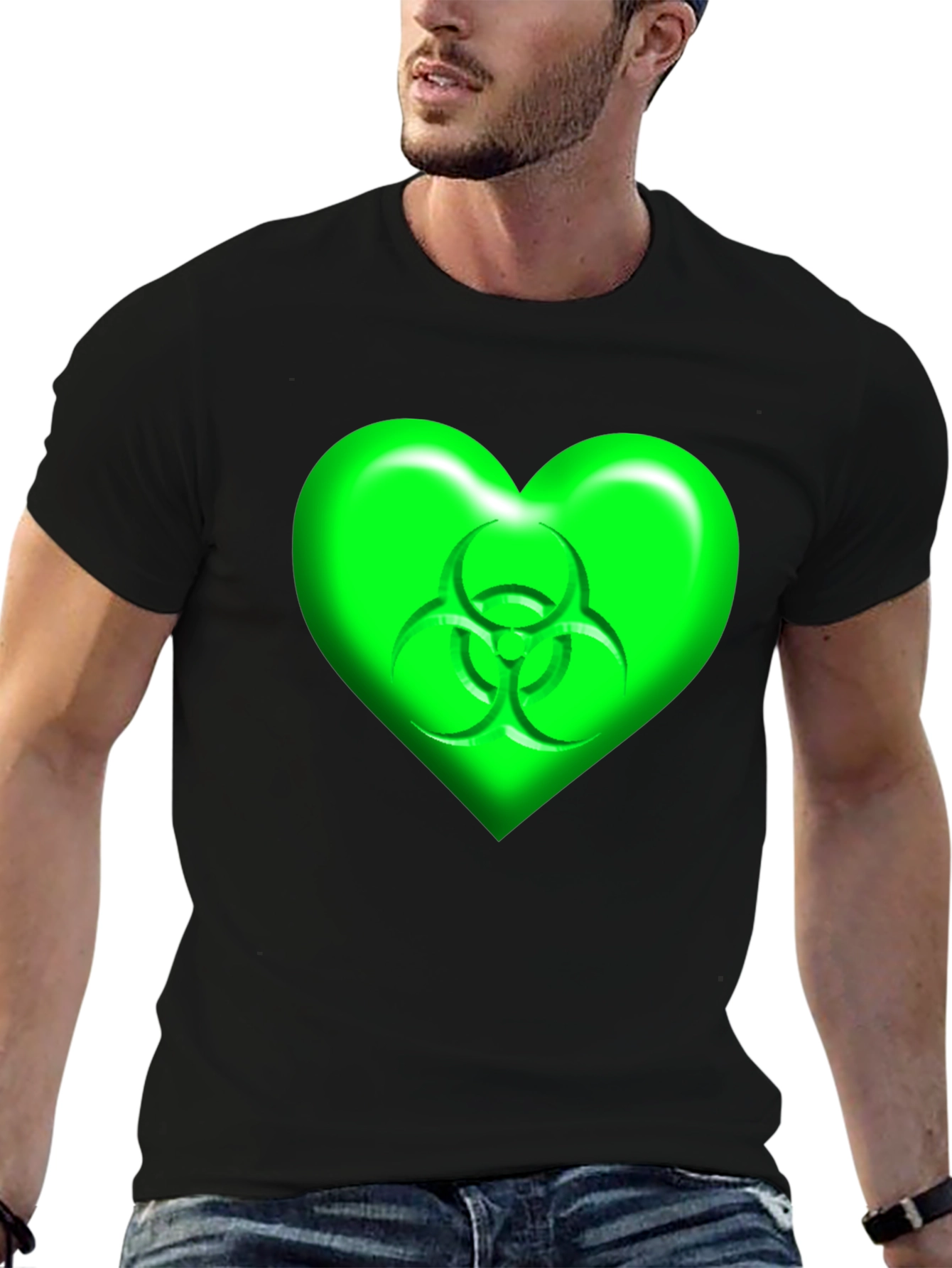 Green Biohazard Heart Graphic Black T-Shirt