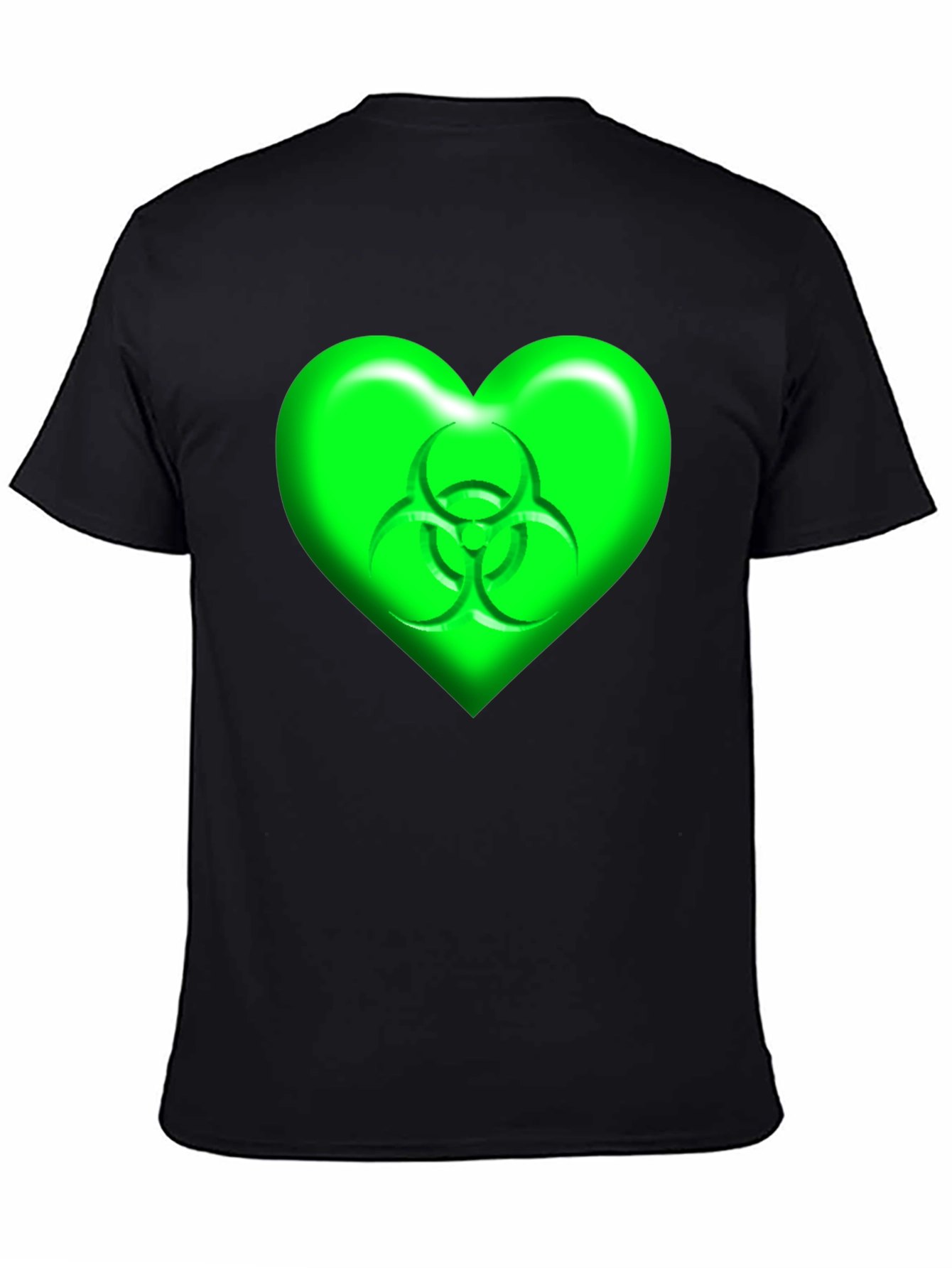 Green Biohazard Heart Graphic Black T-Shirt