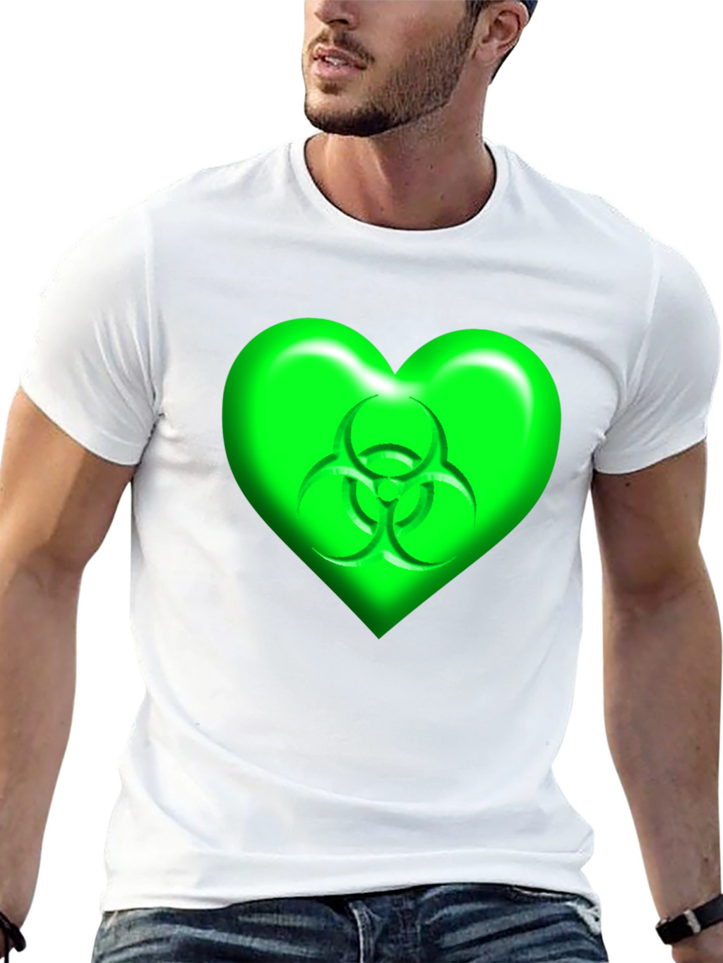 Green Biohazard Heart Graphic Black T-Shirt