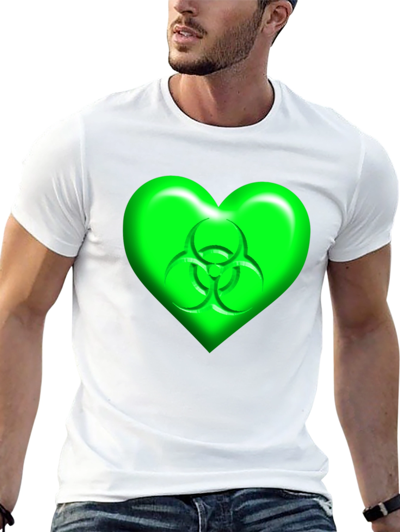 Green Biohazard Heart Graphic Black T-Shirt