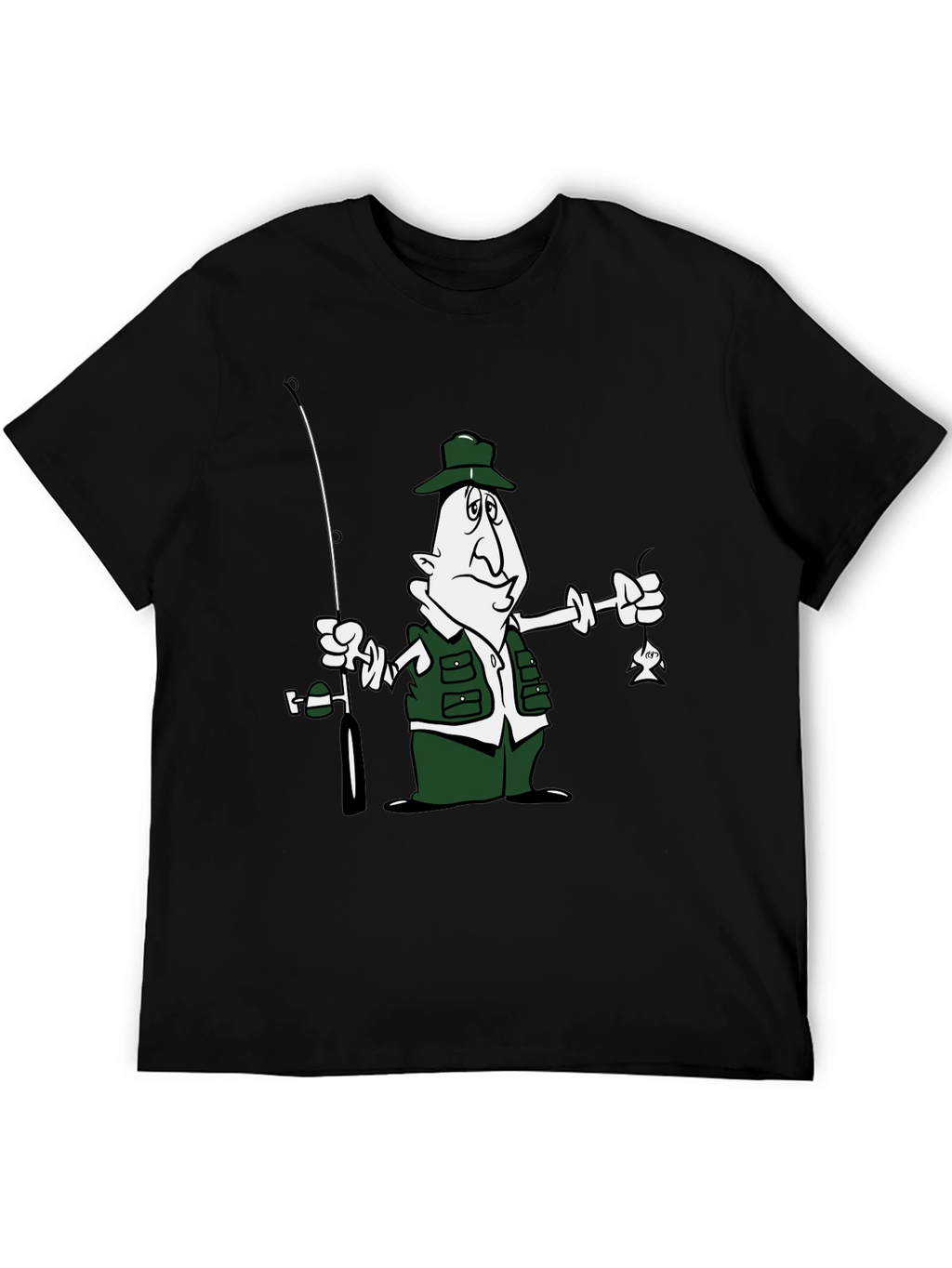 Cartoon Fisherman Graphic T-Shirt - Black