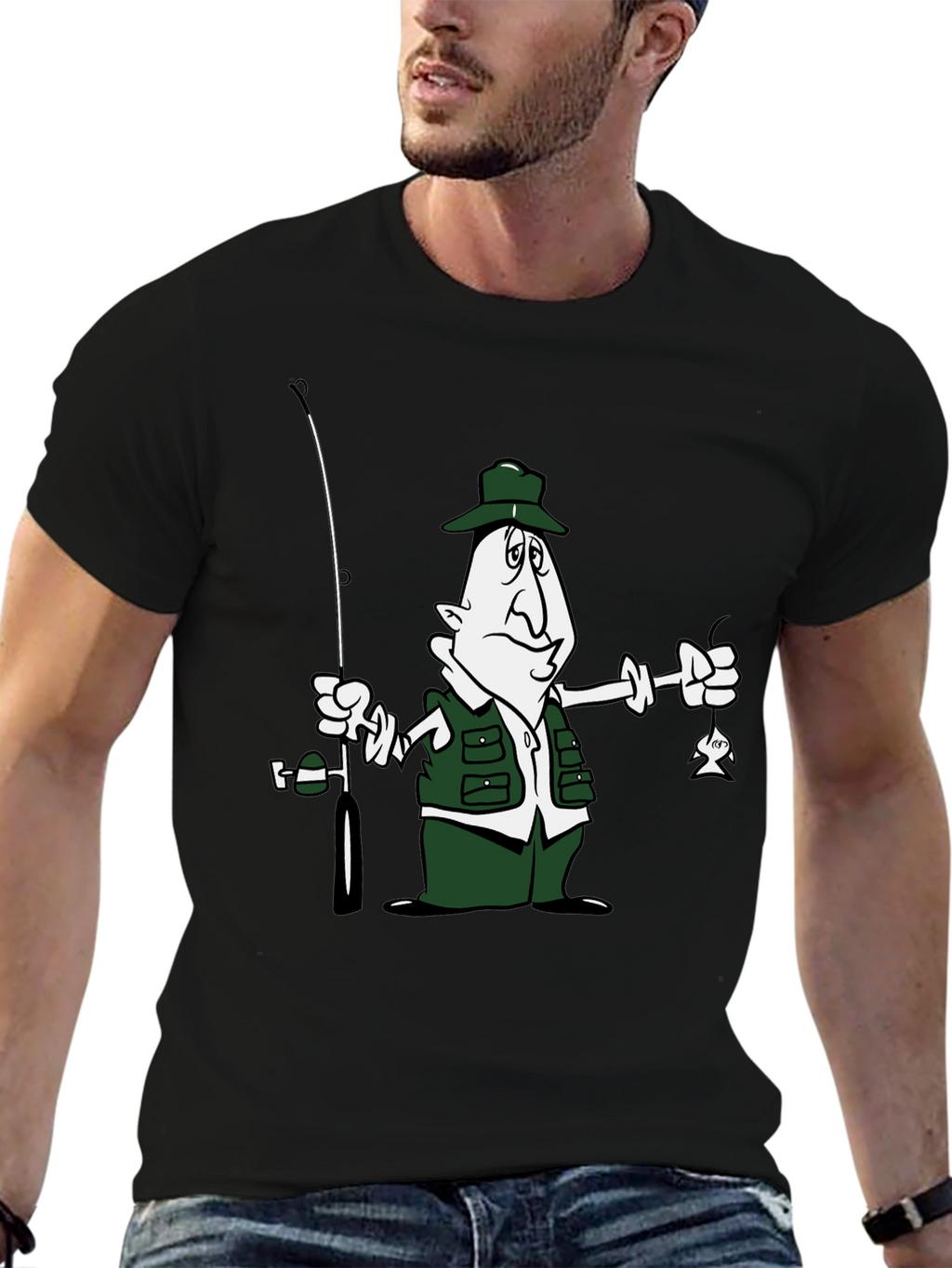 Cartoon Fisherman Graphic T-Shirt - Black