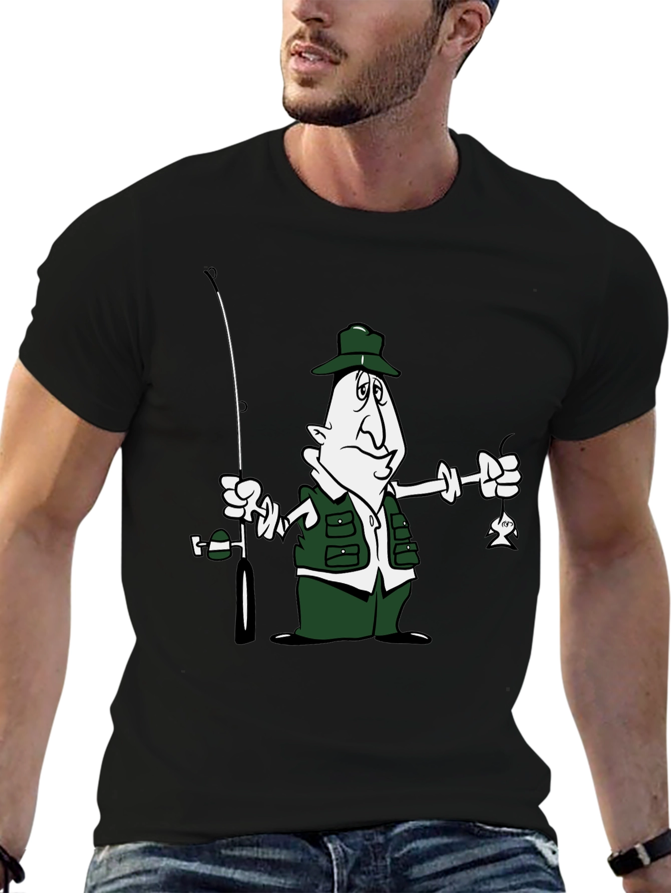Cartoon Fisherman Graphic T-Shirt - Black