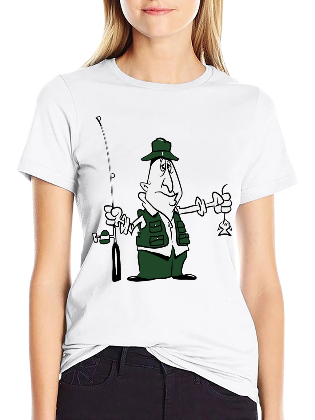 Cartoon Fisherman Graphic T-Shirt - Black