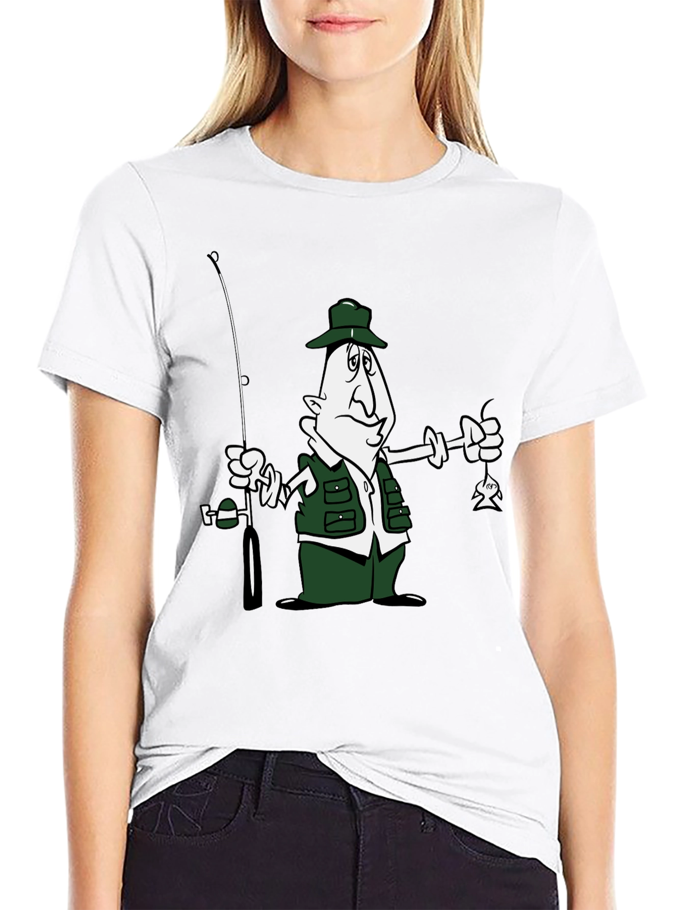 Cartoon Fisherman Graphic T-Shirt - Black