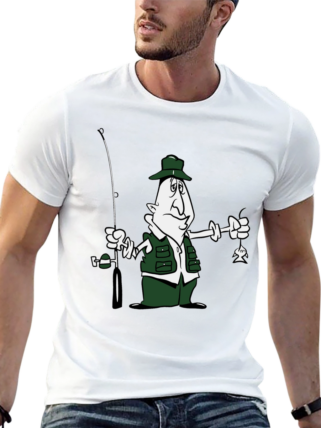 Cartoon Fisherman Graphic T-Shirt - Black