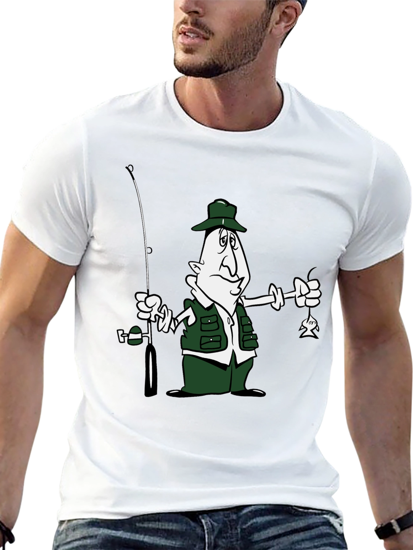 Cartoon Fisherman Graphic T-Shirt - Black