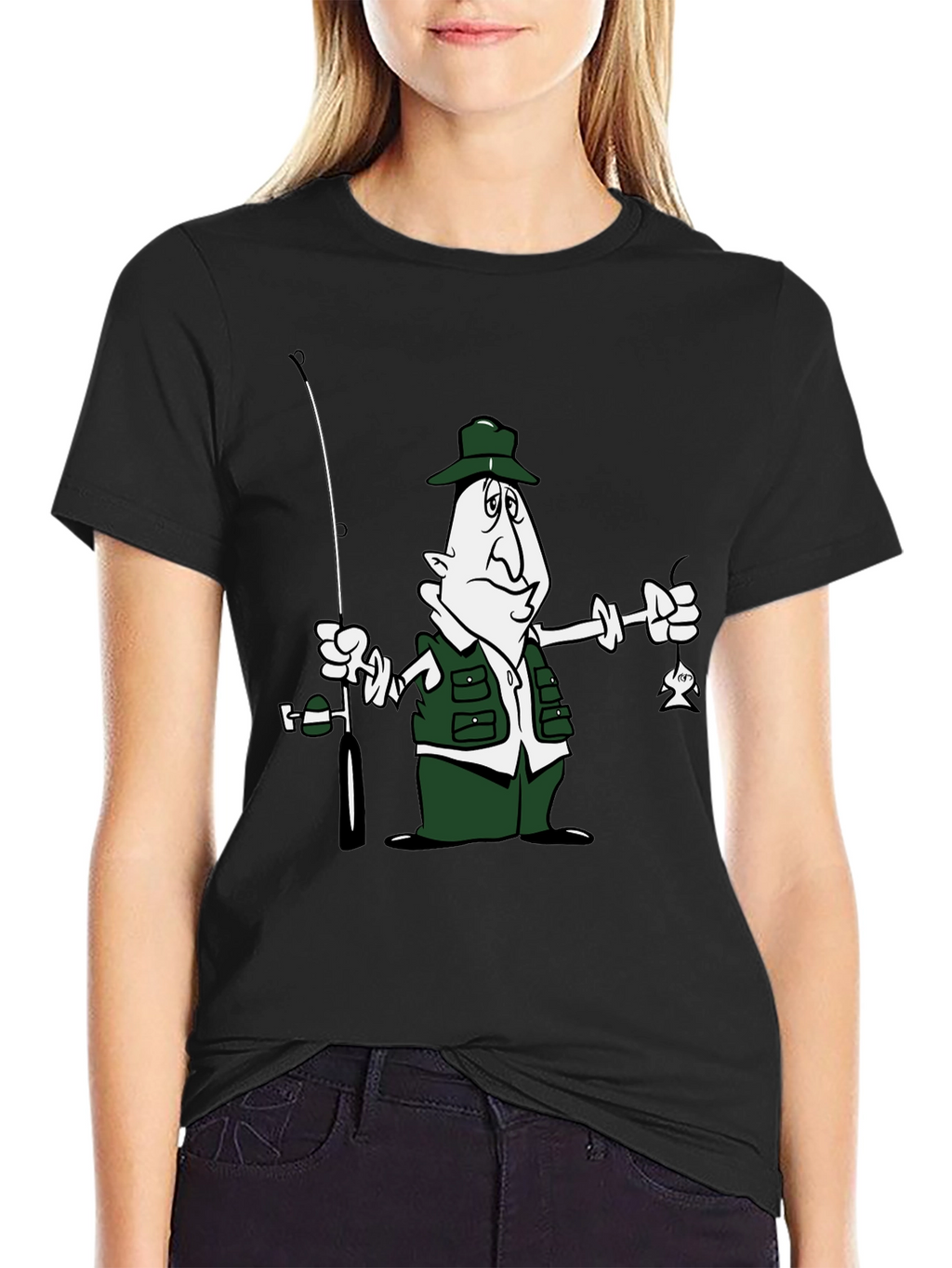 Cartoon Fisherman Graphic T-Shirt - Black