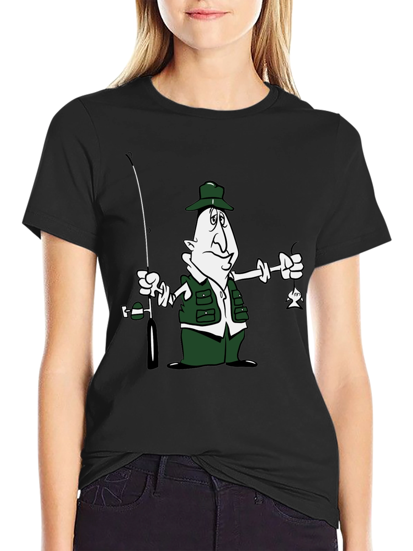 Cartoon Fisherman Graphic T-Shirt - Black