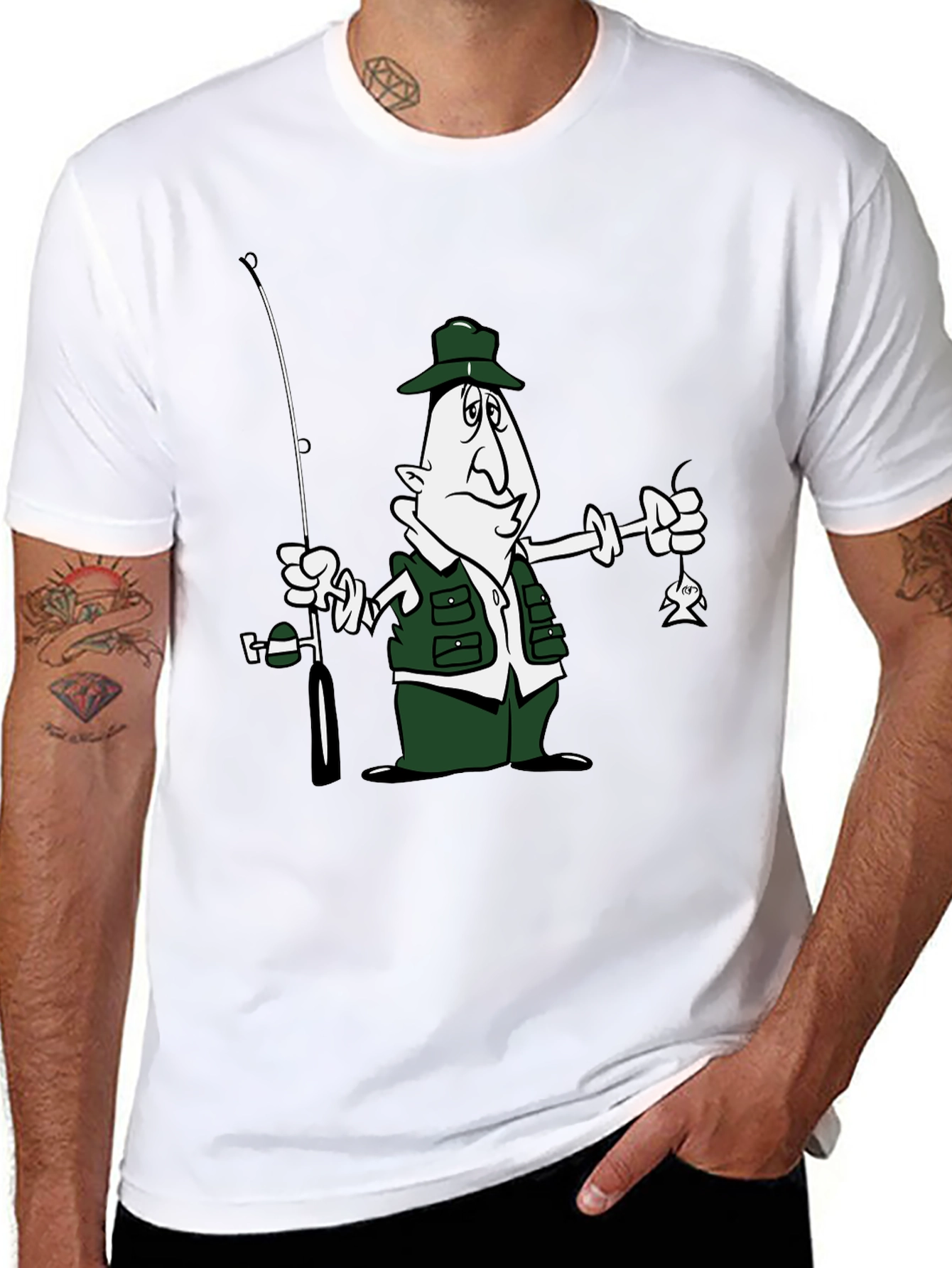 Cartoon Fisherman Graphic T-Shirt - Black