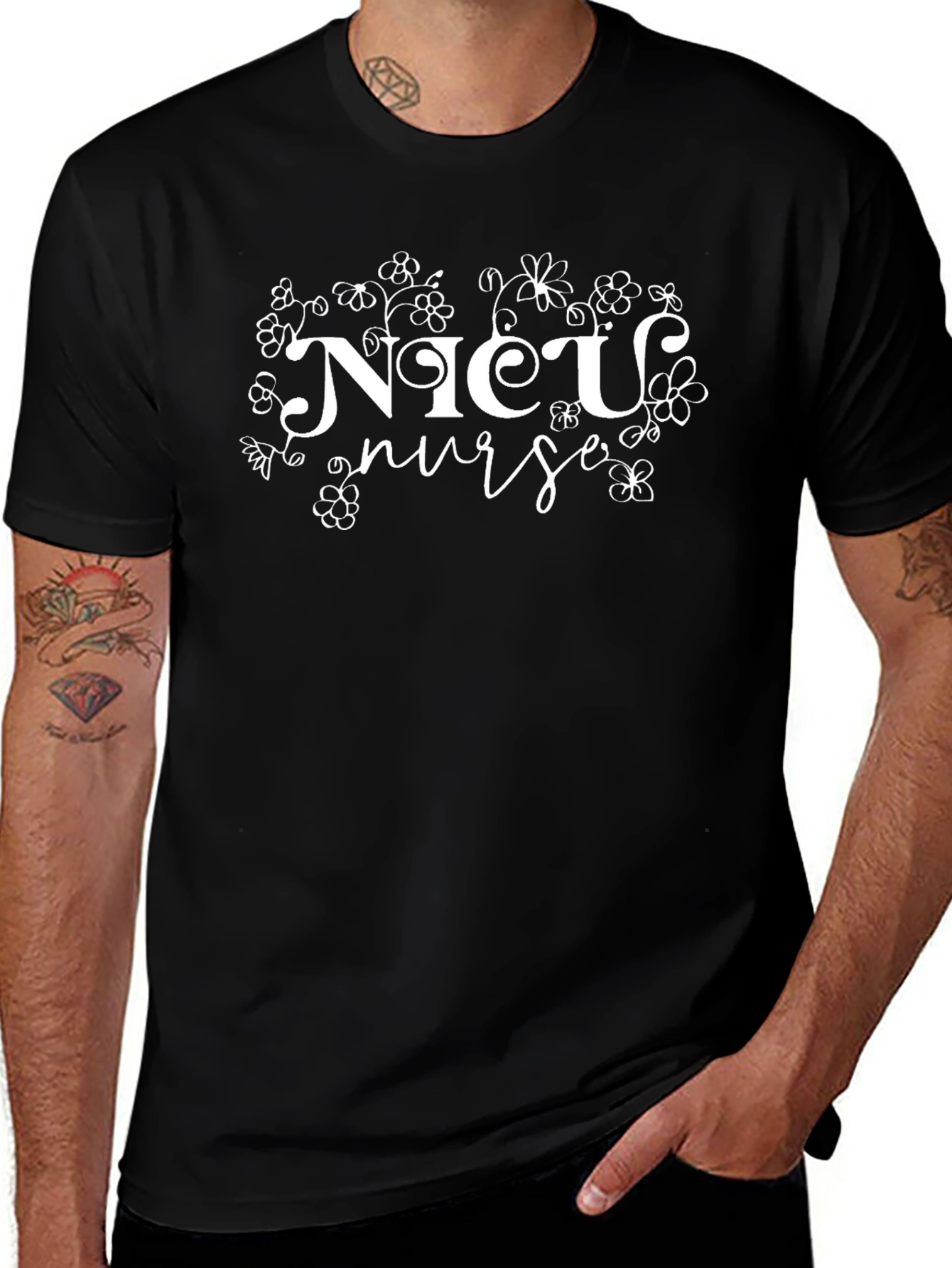 NICU Nurse Floral Tee - Black Cotton T-Shirt