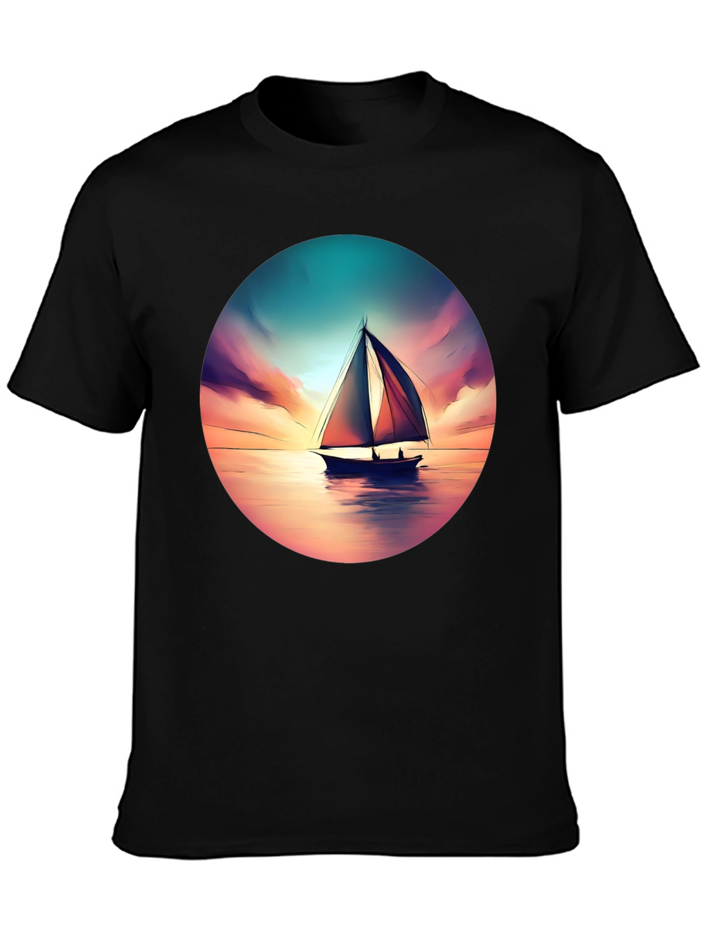 Sunset Sailboat Graphic Tee - Black Cotton T-Shirt
