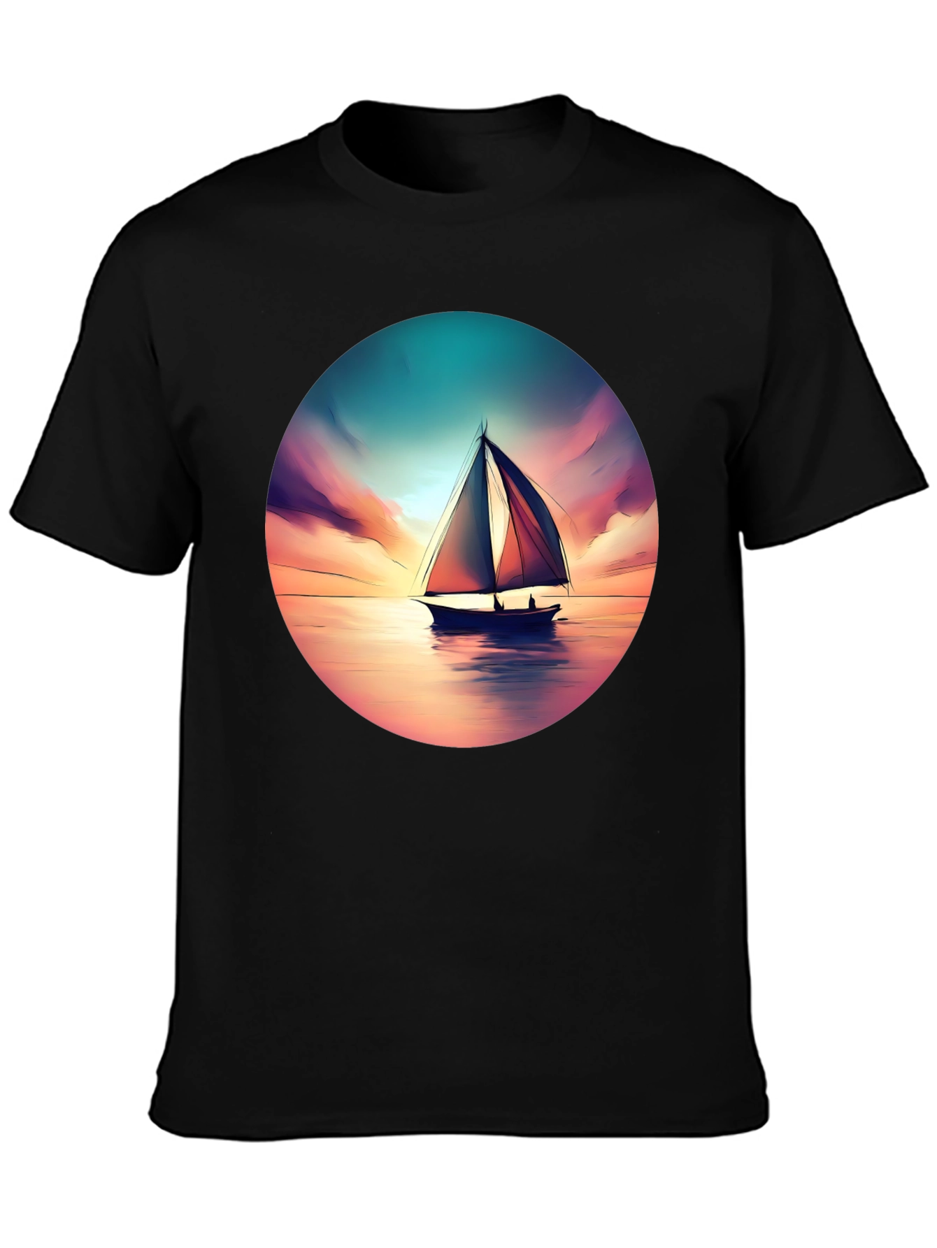 Sunset Sailboat Graphic Tee - Black Cotton T-Shirt
