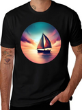Sunset Sailboat Graphic Tee - Black Cotton T-Shirt