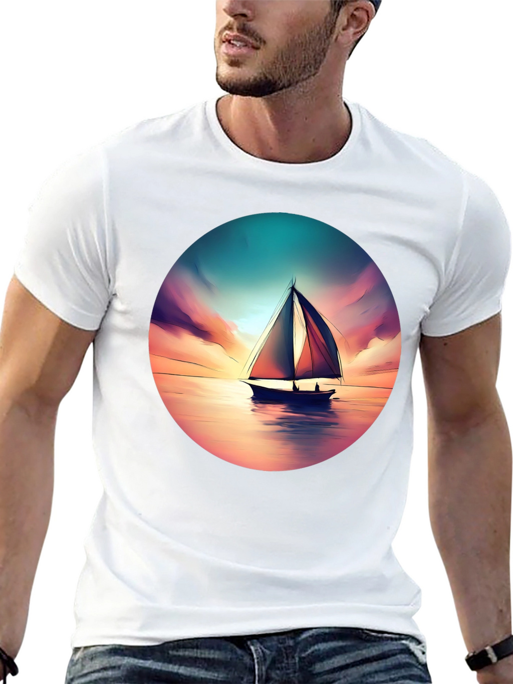 Sunset Sailboat Graphic Tee - Black Cotton T-Shirt