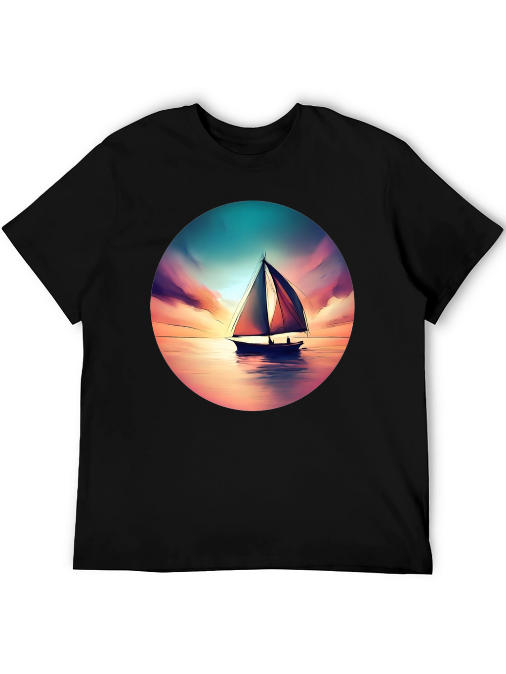 Sunset Sailboat Graphic Tee - Black Cotton T-Shirt