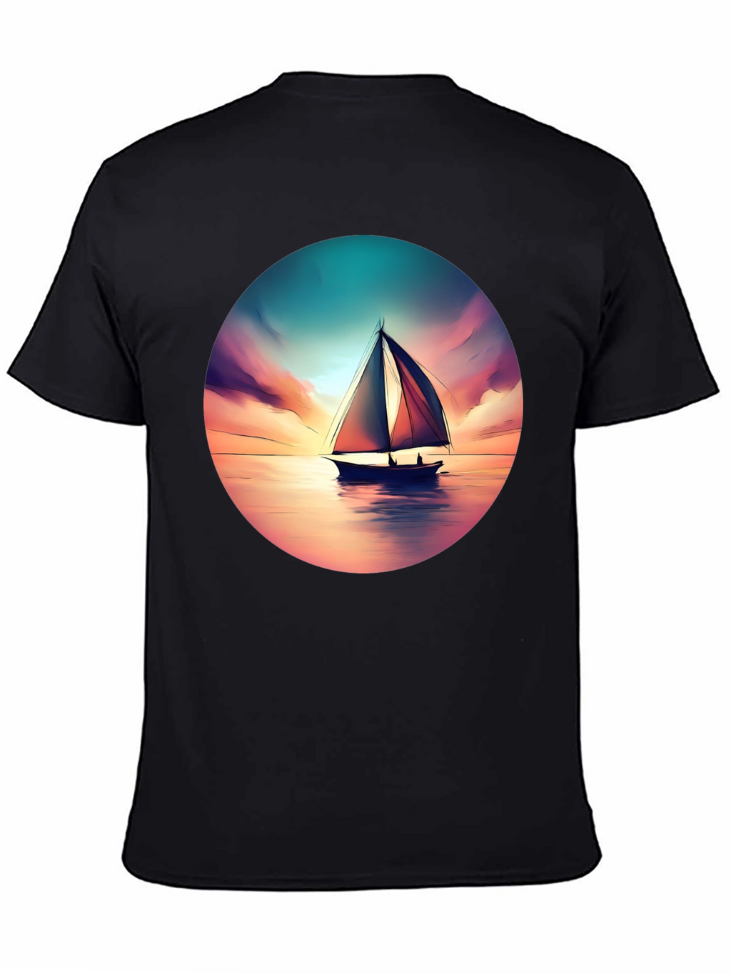 Sunset Sailboat Graphic Tee - Black Cotton T-Shirt