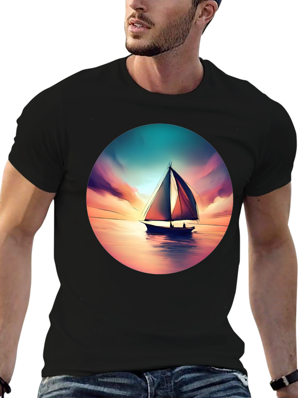 Sunset Sailboat Graphic Tee - Black Cotton T-Shirt