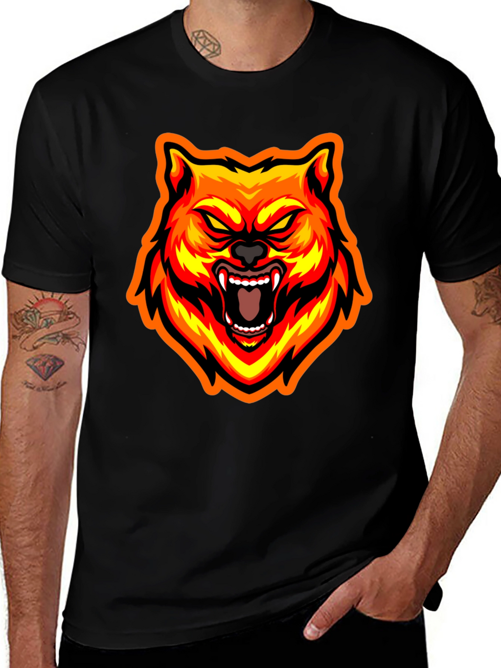 Fiery Wolf Graphic Tee - Bold Black T-Shirt