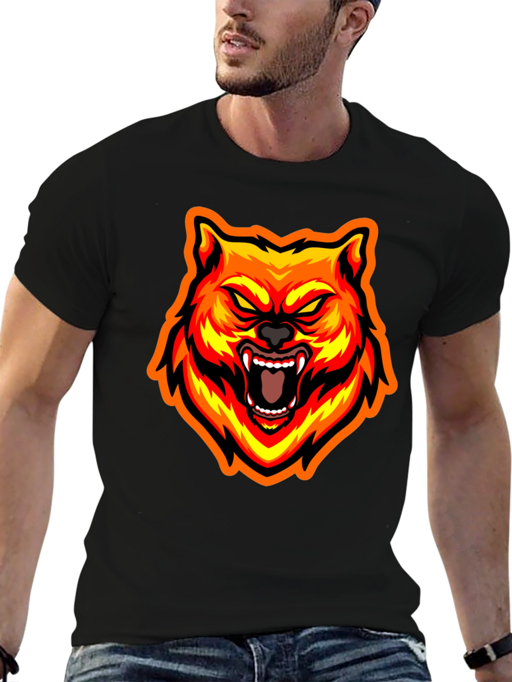 Fiery Wolf Graphic Tee - Bold Black T-Shirt