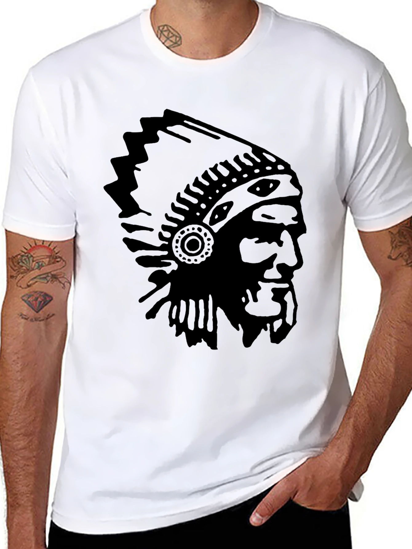 Mens Black T-Shirt with Native American Headdress Print